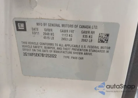 2011 Chevrolet Impala Ls z USA, uszkodzony, nr VIN 2G1WF5EK7B1252022